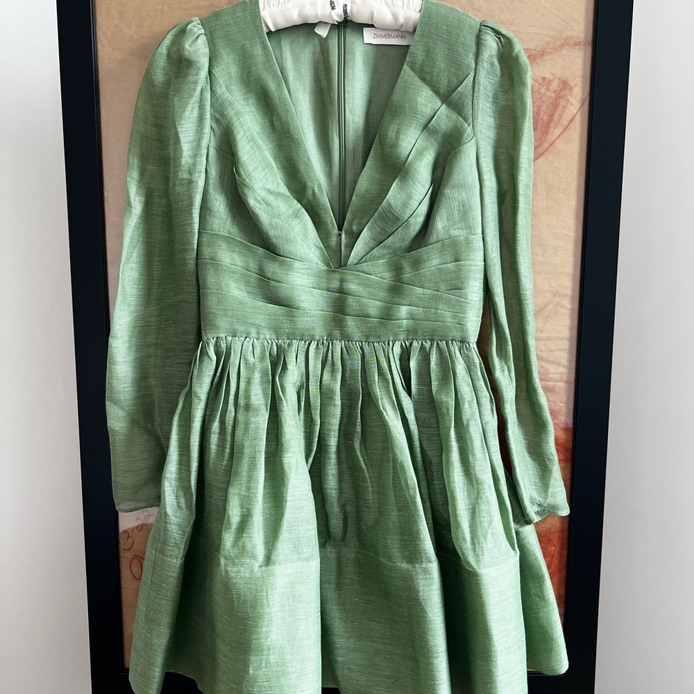 Zimmermann Sage Green Silk-Linen Blend Dress